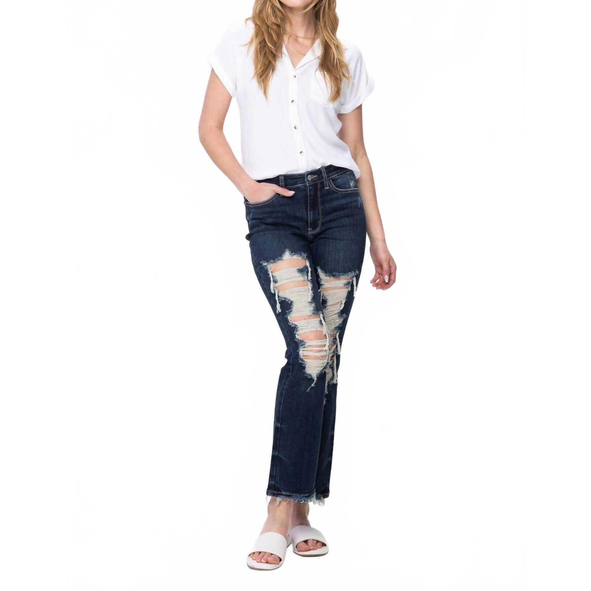 New Judy Blue Mid Rise Heavy Destroyed Straight Jean In Blue